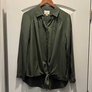 Maeve Deep Green Satin Blouse with Front Tie